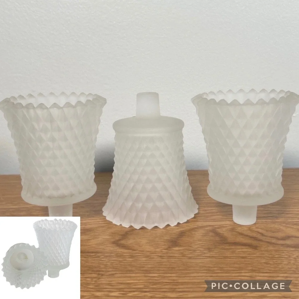 Home Interiors Frosted White Satin Glass Diamond Point Votive Peg Holder 5pc Vtg